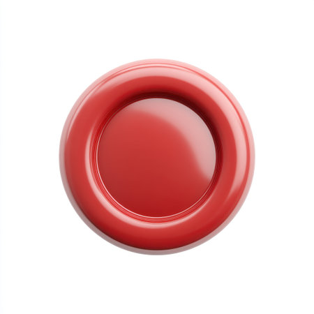 A shiny red circular plate displayed on a clean white background, ideal for minimalist design, culinary art showcases, and modern table settings in various contexts.の素材