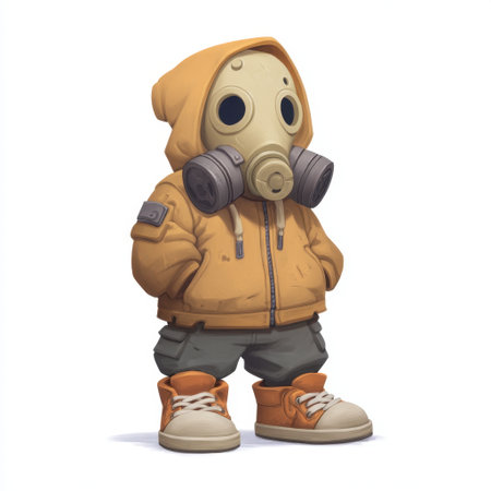A playful cartoon character in an orange hoodie and gas mask embodies a fun, adventurous spirit. The design showcases unique urban style and creativity.の素材