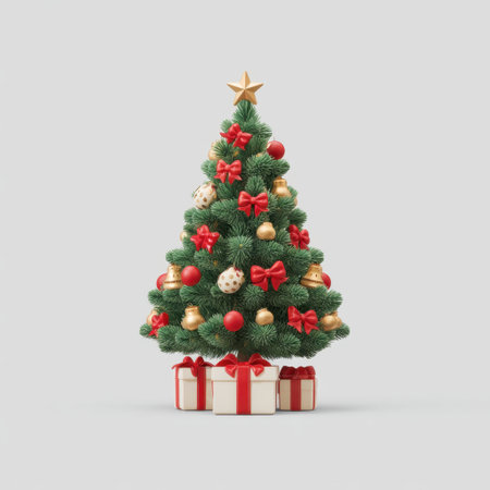 Adorn your holiday space with this beautiful Christmas tree featuring a gold star and vibrant red and gold ornaments, complemented by elegant gift boxes at the base.の素材
