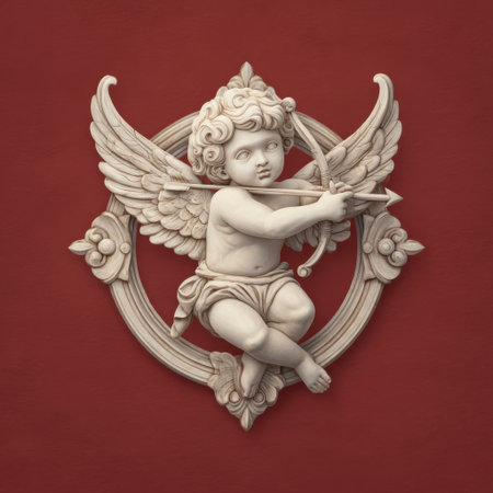 This exquisite cherubic angel sculpture features a delicate figure with wings, bow, and arrow, set against a vibrant red background, perfect for adding a touch of elegance.の素材