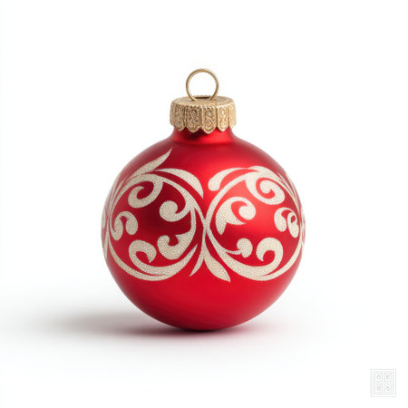 Beautiful red ornament featuring elegant gold swirl designs, perfect for enhancing holiday celebrations, adding warmth and charm to Christmas decorations.の素材