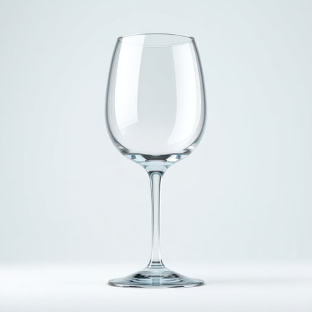 A stunning clear wine glass stands elegantly against a soft background, highlighting its design. This piece is perfect for any fine dining experience or celebration.の素材