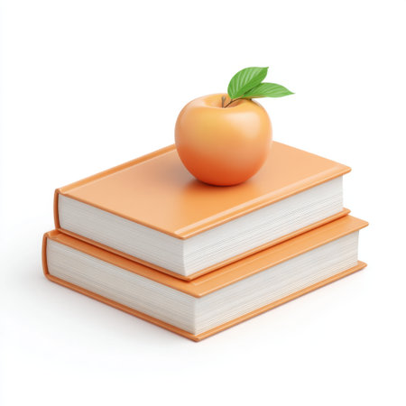 A vibrant illustration featuring a stack of orange books with a shiny apple resting on top, perfect for themes of education, health, and creativity.の素材