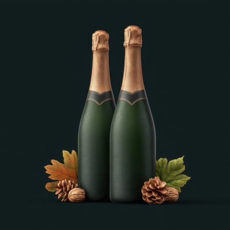 Two elegant champagne bottles stand tall amidst autumn leaves and nuts, creating a warm and festive atmosphere perfect for celebrations and gatherings.の素材