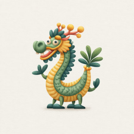 This whimsical cartoon dragon character features vibrant colors and a joyful expression, making it an ideal choice for children's books, toys, or digital art projects.の素材