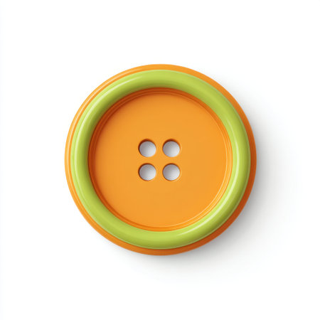 A vibrant orange button with a green rim and four holes, set against a clean white background. Perfect for crafting, sewing, and creative projects, this accessory adds charm and color.の素材