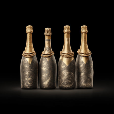 This striking composition features elegantly designed champagne bottles with intricate gold accents, perfect for festive celebrations or upscale events against a dark backdrop.の素材