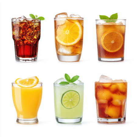 Explore a vibrant selection of cold beverages presented in stylish glasses, each featuring ice, citrus garnishes, and refreshing mint leaves on a clean white backdrop.の素材
