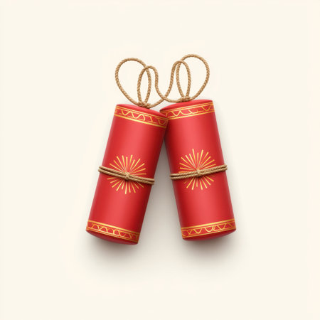 Two decorative red firecrackers tied with golden strings, perfect for representing joyous celebrations. Capture the essence of festive traditions and vibrant culture.の素材