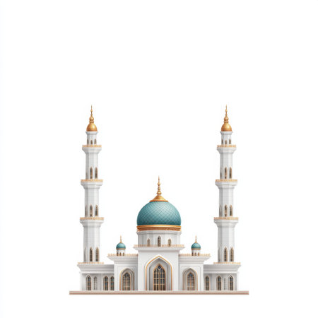 This image features a beautifully designed mosque with tall minarets and an ornate dome, representing cultural and religious significance in serene settings.の素材