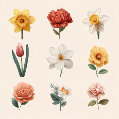A stunning collection of nine vibrant flowers arranged artistically on a soft cream background, showcasing the beauty and diversity of nature's floral palette.の素材