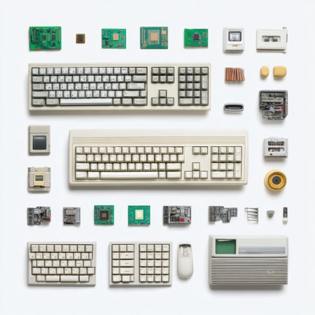 This image showcases a detailed arrangement of vintage computer parts, including keyboards, circuit boards, and chips, ideal for technology enthusiasts and designers.の素材