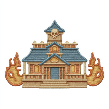 This enchanting haunted house design features a skull and flames, perfect for Halloween decorations and creative embroidery projects, adding a spooky charm to your festivities.の素材