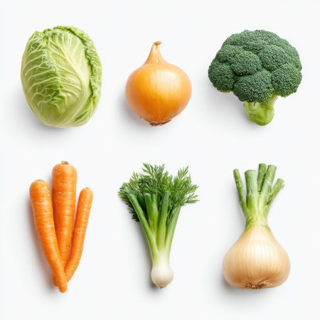 An appealing arrangement of fresh vegetables including cabbage, broccoli, onion, and carrots, promoting healthy eating and cooking with vibrant colors and textures.の素材