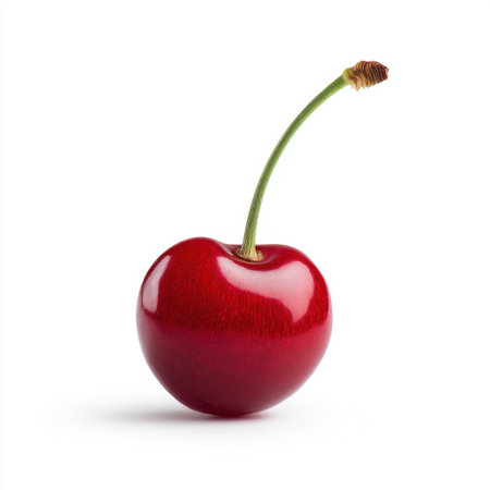 A vivid, close-up image of a single fresh red cherry on a clean white background, emphasizing the fruit's vibrant color and smooth texture, ideal for food-related projects.の素材