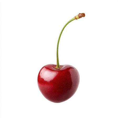 A vibrant red cherry with a smooth, shiny surface and a green stem stands out against a white background. Ideal for healthy eating themes and food photography.の素材