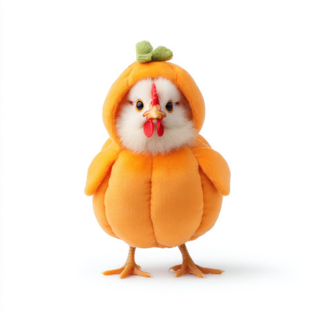This charming chicken dressed in a pumpkin costume creates a joyful atmosphere for fall celebrations and Halloween festivities. Perfect for fun designs.の素材