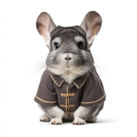This enchanting image features an adorable chinchilla dressed in a charming outfit, standing upright with big ears and fluffy fur, radiating playfulness and whimsy.の素材