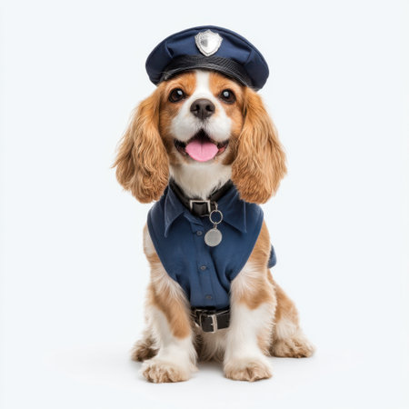 Adorable dog dressed in a police uniform and cap, showcasing a joyful expression. Ideal for themes related to pets, law enforcement, humor, and animal companionship.の素材
