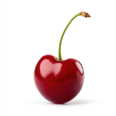 A perfectly ripe red cherry stands alone against a white backdrop, showcasing its vibrant color and glossy finish. Ideal for food-related imagery and healthy lifestyle themes.の素材