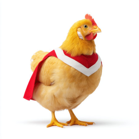 A charming yellow chicken wearing a red and white cape stands proudly, showcasing a playful and whimsical spirit, perfect for creative and entertaining projects.の素材