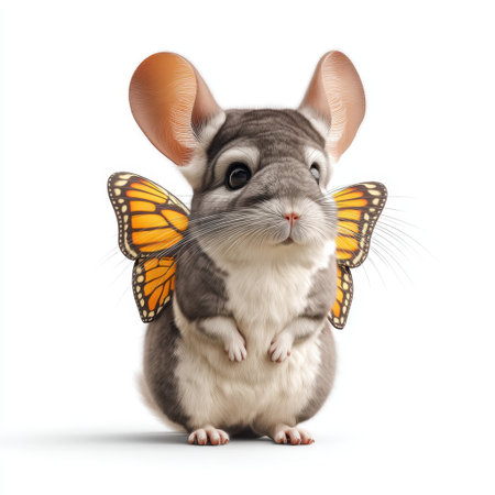This whimsical illustration features a charming chinchilla adorned with bright orange butterfly wings, exuding playfulness and joy in a delightful animated style.の素材
