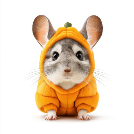 This cute hamster dressed in an orange pumpkin hoodie brings joy and whimsy to autumn festivities. Ideal for seasonal themes and cheerful expressions in photography.の素材
