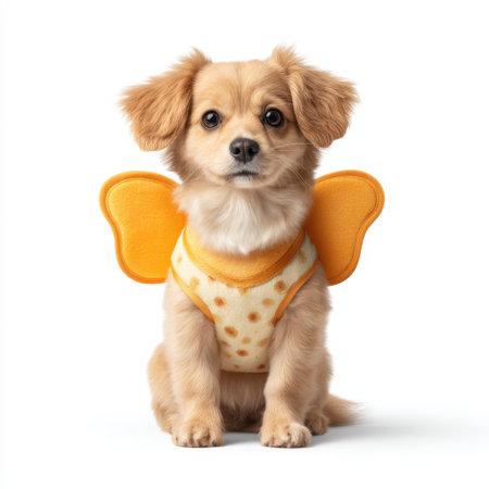 Adorable fluffy dog in a butterfly costume with yellow wings, exuding charm and playfulness. Perfect for whimsical and joyful pet-themed imagery.の素材