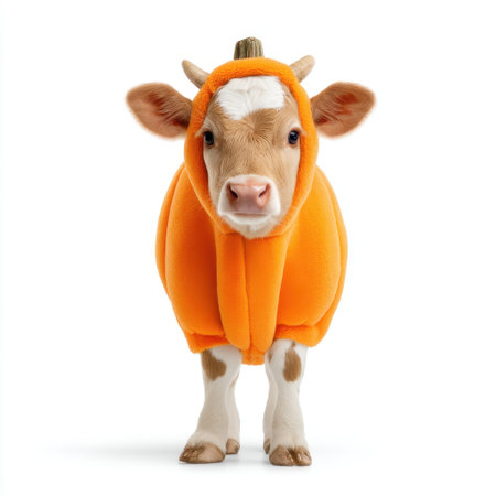 A charming young calf wearing a vibrant orange pumpkin costume, perfect for festive Halloween celebrations. This adorable scene captures the playful spirit of autumn.の素材