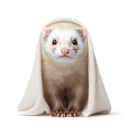 A playful ferret peeks out from a soft blanket, capturing a charming moment. The adorable animal showcases its curious expression in a cozy indoor environment.の素材
