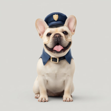 This charming image features a French bulldog dressed in a police uniform, complete with a hat, exuding an adorable and playful personality that captures hearts.の素材