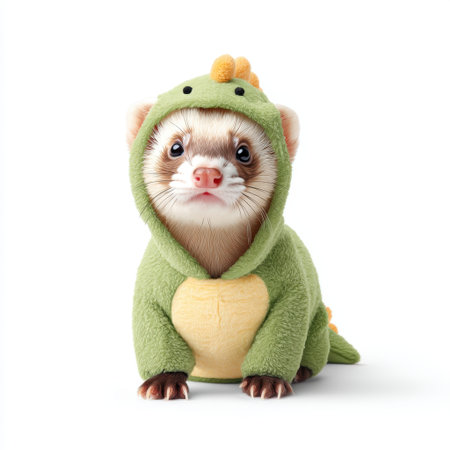 This charming image features a playful ferret dressed in a green dinosaur costume, showcasing its adorable expression. Perfect for pet lovers and whimsical themes.の素材