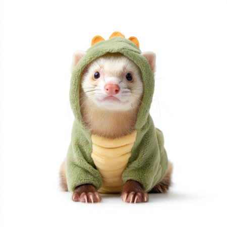 This charming ferret in a dinosaur costume brings joy and whimsy to any pet lover's collection. The playful outfit captures the creature's adorable expression perfectly.の素材