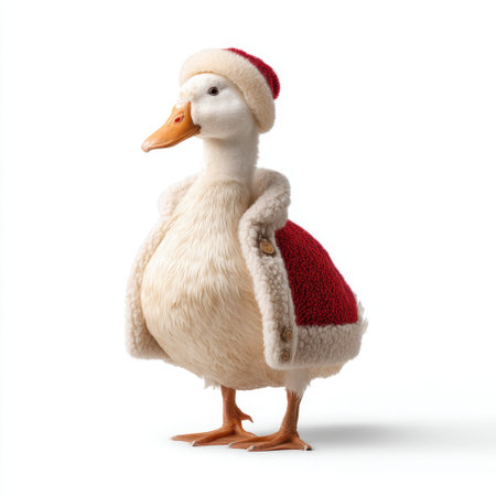 A cheerful duck dressed in a cozy red coat and hat embodies the spirit of the holiday season, adding a whimsical touch to winter-themed decorations and celebrations.の素材