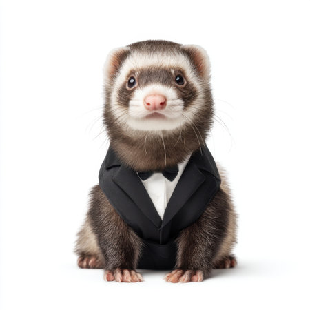 This charming ferret, dressed in a classic tuxedo, exudes elegance and whimsy, making it an ideal subject for unique pet photography or amusing creative projects.の素材