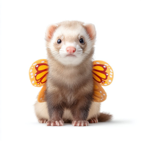 This charming image features a cute ferret adorned with vibrant butterfly wings, capturing a whimsical and playful essence. Ideal for animal lovers and cheerful themes.の素材