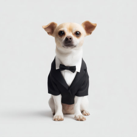 This adorable small dog in a stylish tuxedo and bowtie captures hearts, ideal for pet events, fashion shows, or cheerful family gatherings in a charming indoor setting.の素材