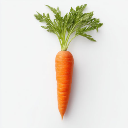Bright orange carrot with lush green tops stands alone against a clean white background, symbolizing the essence of healthy living and nutritious diets. Perfect for fresh food concepts.の素材