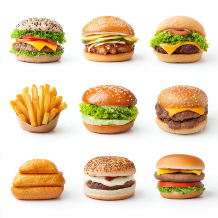 A visually appealing display of various mouthwatering burgers and golden fries, showcasing fresh ingredients and vibrant colors, ideal for food enthusiasts.の素材