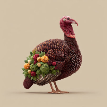 This unique turkey artwork features a vibrant arrangement of fresh vegetables, creating a whimsical take on traditional poultry decor, perfect for festive occasions.の素材