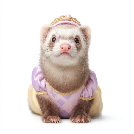This charming ferret, dressed in a beautiful princess costume, showcases a whimsical side of pets. Perfect for capturing fun moments, this adorable furball delights with its playful look.の素材