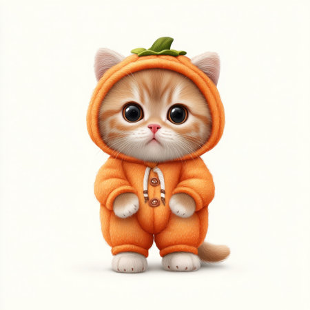 This enchanting kitten in a pumpkin costume captures joy and cuteness, making it perfect for seasonal themes, Halloween celebrations, and playful pet imagery.の素材