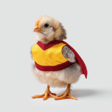 This charming chick dressed in a vibrant superhero costume with a red cape brings a fun and playful touch, perfect for whimsical and joyful designs.の素材