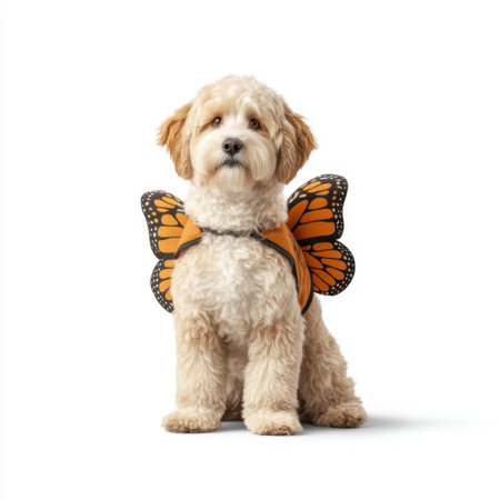 A playful fluffy dog with butterfly wings sits gracefully in a bright white studio, capturing a whimsical spirit. This charming pet costume radiates joy and creativity.の素材