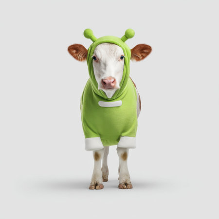 An adorable cow dressed in a bright green alien costume, standing confidently and radiating joy, perfect for adding a touch of whimsy to any creative project or art piece.の素材