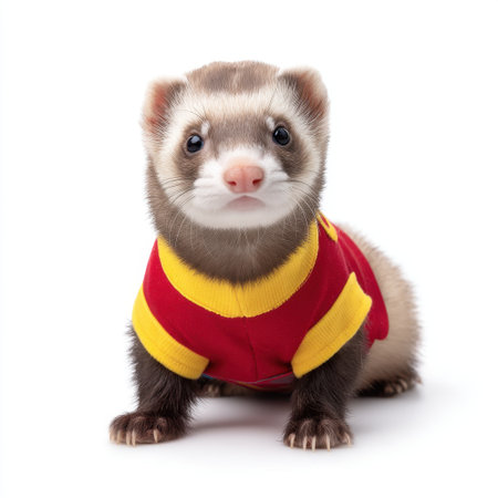 An adorable ferret dressed in a bright, colorful outfit offers a charming and whimsical look, making it a delightful addition for any animal-themed project or publication.の素材