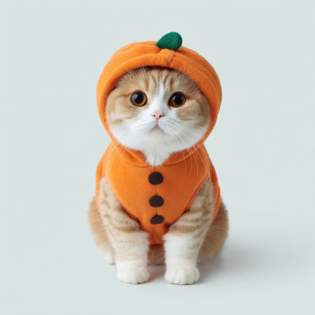 A fluffy cat dressed in a charming pumpkin costume poses adorably against a soft gray background. This playful image captures the spirit of autumn festivities.の素材