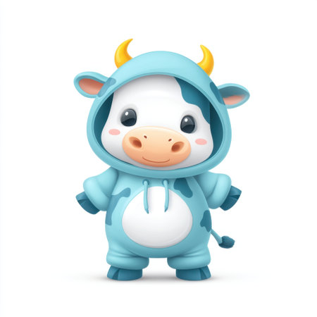 This adorable cartoon cow character in a blue hoodie with yellow horns brings joy and charm, perfect for childrenの素材