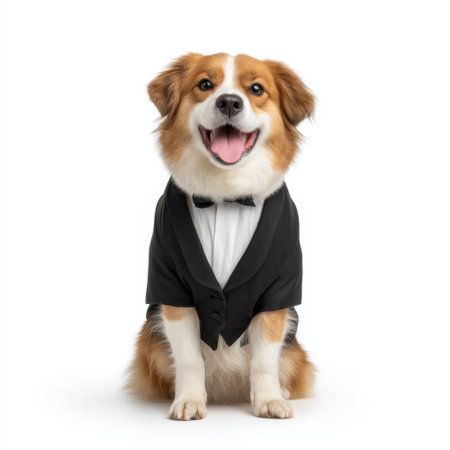 This delightful image features a charming dog dressed in a formal tuxedo with a bow tie, perfect for showcasing style and joy during any special celebration.の素材