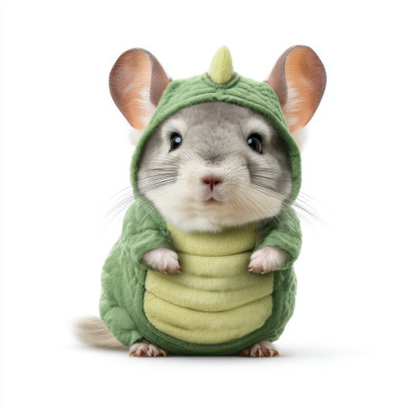 This image features a cute small rodent wearing a fluffy green dinosaur costume, showcasing its playful and adorable personality. Perfect for animal lovers!の素材
